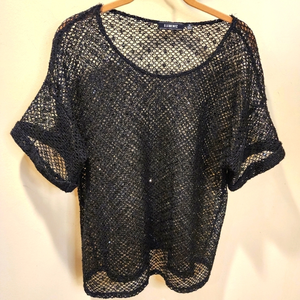ELEMENTZ Black Crochet Sequins Short Sleeves Top size M